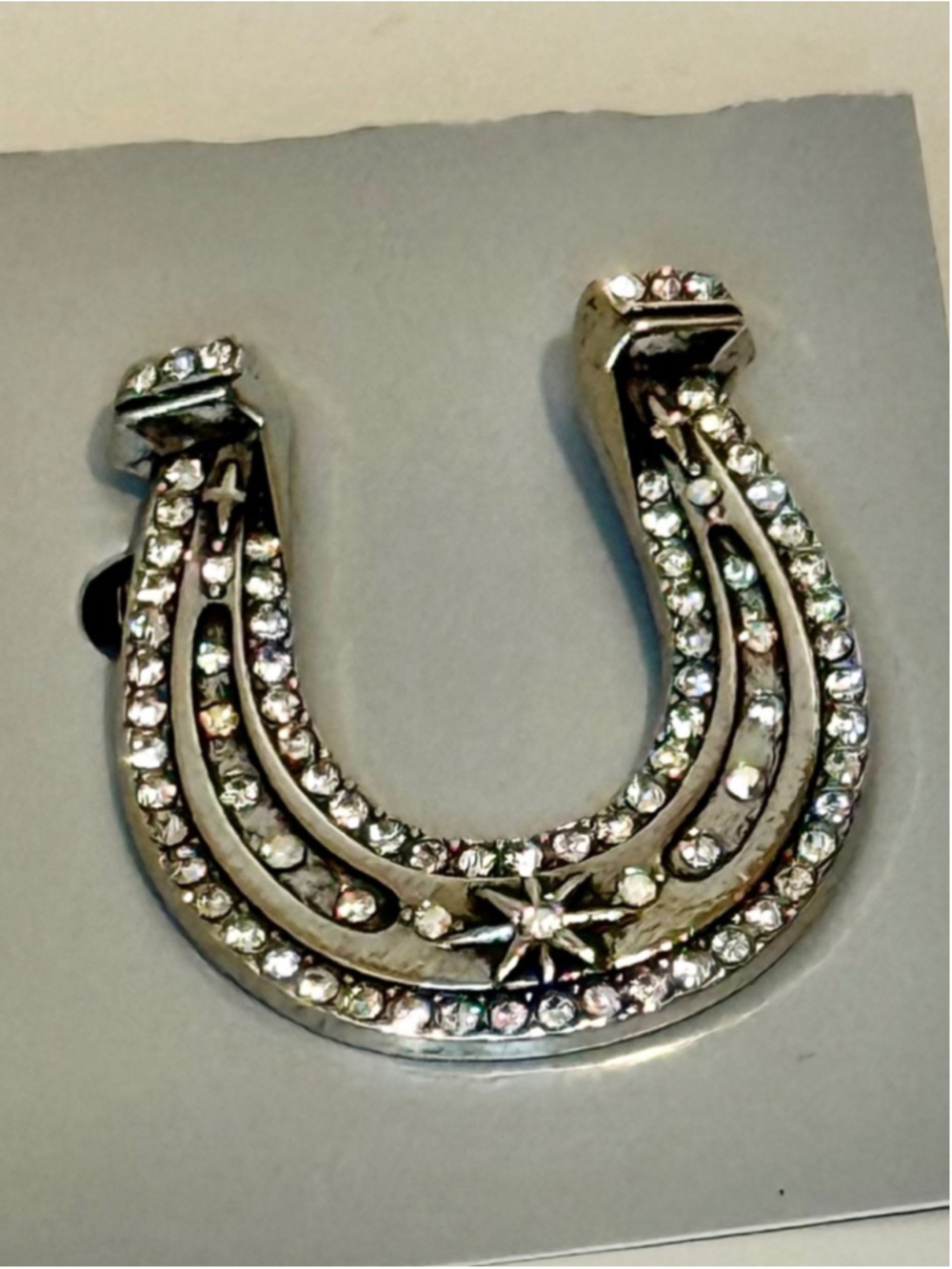 NEW Silver Horseshoe Rhinestone Brooch Lucky Statement Pin Bag Charm - Picture 2 of 3